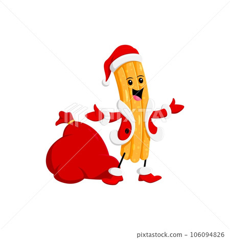 Cartoon Christmas tex mex mexican churros character in Santa costume with a gift bag bursting with presents. Isolated vector festive and delightful Noel personage spreading holiday joy and sweetness Cartoon Christmas tex mex mexican churros character in Santa costume with a gift bag bursting with presents. Isolated vector festive and delightful Noel personage spreading holiday joy and sweetness 106094826