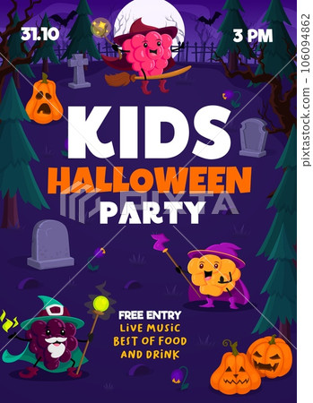 Halloween kids party flyer. Cartoon berry wizards and mages at night cemetery. Vector invitation poster with cute raspberry on broom, cloudberry and blackberry casting spell at dark creepy graveyard Halloween kids party flyer. Cartoon berry wizards and mages at night cemetery. Vector invitation poster with cute raspberry on broom, cloudberry and blackberry casting spell at dark creepy graveyard 106094862