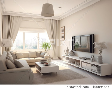Scandinavian-style living room design with a modern television cabinet and wall decorations of picture frames. Generative AI 106094863