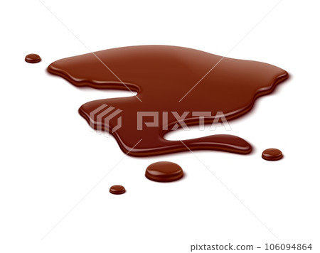 Chocolate puddle, brown choco spill, isolated liquid blot and drip. Isolated vector irresistible cocoa blob, rich and gooey with luscious texture, indulging the taste buds with its decadent sweetness 106094864