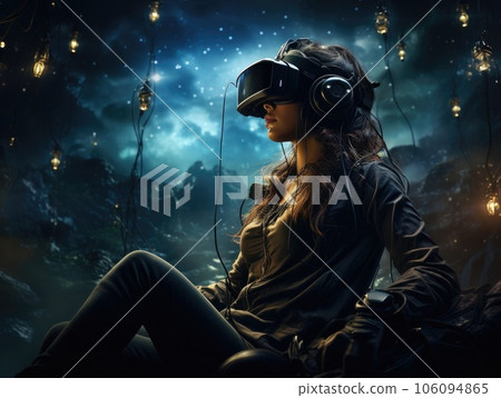 A woman wearing VR headset user and sitting in in the middle of several hanging lamps, surreal world and virtual reality. Generative AI A woman wearing VR headset user and sitting in in the middle of several hanging lamps, surreal world and virtual reality. Generative AI 106094865