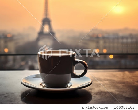 A black cup of coffee by the window in front of the Eiffel Tower in Paris during sunset, in the style of dreamy. Generative AI 106095102