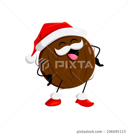 Cartoon Christmas coconut nut character wear Santa Claus hat. Isolated vector festive and merry tropical plant father Noel personage laugh with arms akimbo. Cheerful comic coco nut saint Nicholas Cartoon Christmas coconut nut character wear Santa Claus hat. Isolated vector festive and merry tropical plant father Noel personage laugh with arms akimbo. Cheerful comic coco nut saint Nicholas 106095115