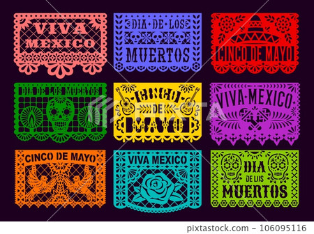 Mexican papel picado paper cut holiday flags. Cinco de mayo, day of the dead, viva Mexico. Vector traditional laser cutting decoration banners with floral pattern, skulls, cacti, flowers or sombrero 106095116