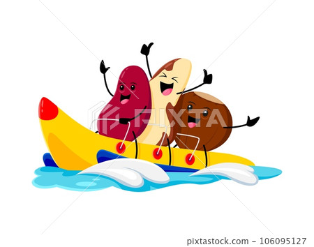 Cartoon cheerful kidney, brazil and hazelnut nuts and bean characters riding water banana boat. Funny vector personages on summertime vacation, enjoying summer holiday activity and fun recreation 106095127