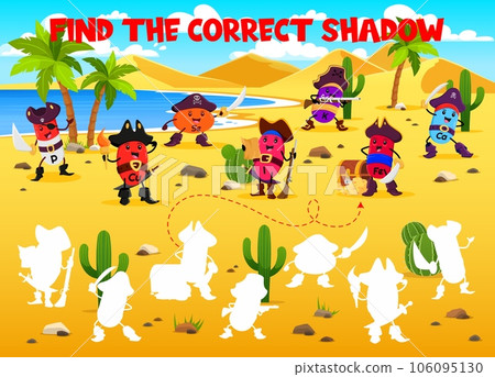 Find the correct shadow of cartoon vitamins and micronutrients pirate characters. Kids vector game worksheet with P, Cu, Se and I. Ca, Fe or K healthy supplement capsules. Children logic activity Find the correct shadow of cartoon vitamins and micronutrients pirate characters. Kids vector game worksheet with P, Cu, Se and I. Ca, Fe or K healthy supplement capsules. Children logic activity 106095130