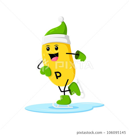 Cartoon Christmas vitamin P character in green hat, joyfully skiing on the ice rink. Isolated vector cheerful Rutin capsule personage enjoying Xmas vacation activities and outdoor fun 106095145
