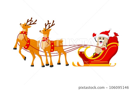 Cartoon Christmas tex mex tamales character in Santa costume joyfully rides a sleigh pulled by majestic reindeers, spreading holiday cheer with gifts. Isolated vector Mexican food Xmas personage 106095146