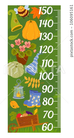 Kids height chart. Gnome items, autumn leaves and garden tools. Kids vector growth meter. Wall sticker for children height measurement with cartoon dwarven hats, boots, lantern and trolley with crop 106095161