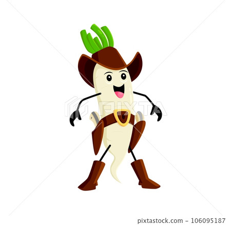Cartoon wild west daikon radish cowboy vegetable character. Isolated vector fresh lively veggies personage wear stockrider attire bringing a playful twist with its unique charm and adventurous spirit 106095187