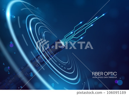 Fiber optic cable 3d vector futuristic background with flexible strand made of glass or plastic that carries digital data as pulses of light, enabling high-speed and long-distance communication 106095189