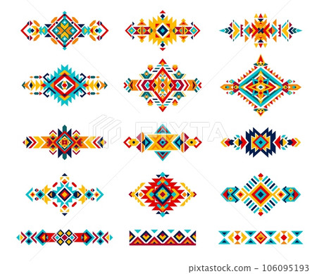Mexican ethnic motif, tribal ornament, patterns. Isolated vector set of traditional embroidery samples, designs and symbols, reflecting the rich cultural heritage and indigenous artistry of Mexico Mexican ethnic motif, tribal ornament, patterns. Isolated vector set of traditional embroidery samples, designs and symbols, reflecting the rich cultural heritage and indigenous artistry of Mexico 106095193