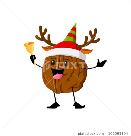 Cartoon Christmas walnut nut character rings a bell. Isolated vector nutty kernel. protein food personage wear festive hat with reindeer horns joyfully knolling, celebrating Xmas holiday cheer Cartoon Christmas walnut nut character rings a bell. Isolated vector nutty kernel. protein food personage wear festive hat with reindeer horns joyfully knolling, celebrating Xmas holiday cheer 106095194