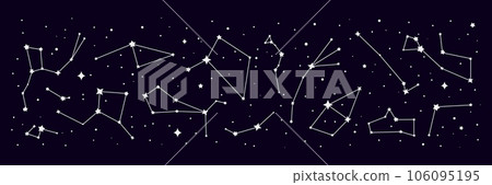 Star space constellation border. Night sky map, mystic astrology. Vector detailed chart showcasing the celestial beauty of stars and their interconnected patterns, for astronomy, horoscope, esoteric Star space constellation border. Night sky map, mystic astrology. Vector detailed chart showcasing the celestial beauty of stars and their interconnected patterns, for astronomy, horoscope, esoteric 106095195