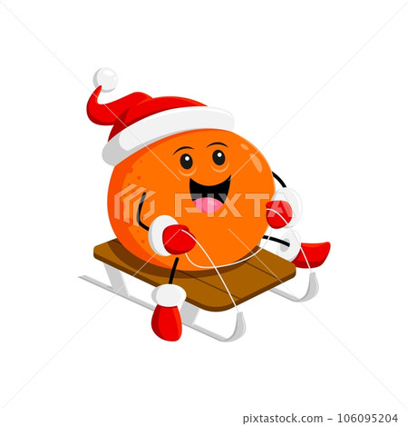 Cartoon cheerful Christmas holiday orange fruit character joyfully sleds through a winter wonderland. Isolated vector cheerful citrus personage wear Santa hat bringing smiles and festive spirit to all 106095204
