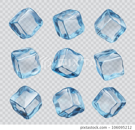 Realistic ice cubes, crystal icy blocks. Isolated 3d vector blue glass pieces for drink cooling, clean square blocks, frozen water for alcohol or cocktail beverages set on transparent background 106095212