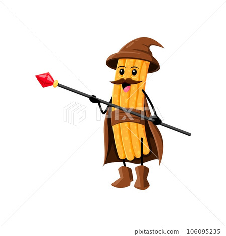 Cartoon Halloween churros tex mex food wizard and mage character. Isolated vector magical personage made of churro dough, casting delicious spells to create crispy and sugary treats for holiday 106095235