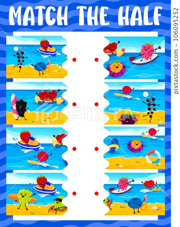 Match the half of cartoon funny berry characters on summer vacation. Puzzle game vector worksheet with strawberry, blackcurrant, blueberry and raspberry, grape, cowberry cute personages on beach 106095252
