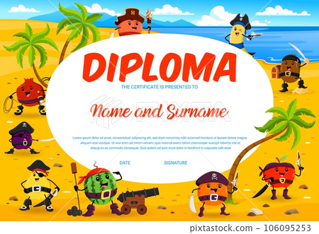 Kids diploma. Cartoon fruit pirate captain and corsairs characters on treasure island vector background frame education certificate template. Pirate personages of cute apple, orange, banana fruits 106095253