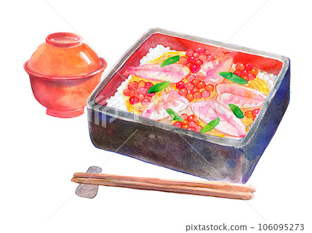 Chirashizushi in a layered box sushi watercolor illustration 106095273