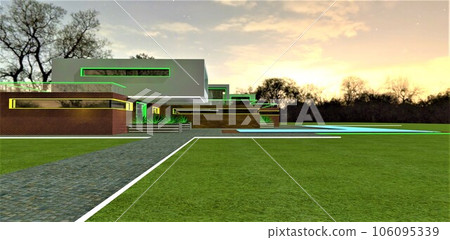 A granite pedestrian pathway with a luminous white border on a green lawn in front of a luxurious countryside house with an illuminated facade at night. 3D rendering. A granite pedestrian pathway with a luminous white border on a green lawn in front of a luxurious countryside house with an illuminated facade at night. 3D rendering. 106095339