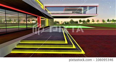 Breathtaking view from the courtyard of a luxurious private home to the distant lights of a tropical coastline. Yellow illumination highlights the wide concrete staircase leading to the entrance. 3D 106095346