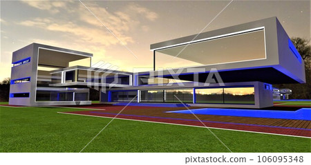 Spacious panoramic windows of a countryside boutique private resort at night, designed for discerning clients in search of unique real estate. 3D rendering. Spacious panoramic windows of a countryside boutique private resort at night, designed for discerning clients in search of unique real estate. 3D rendering. 106095348