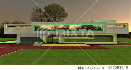 The combination of yellow and green for the nighttime illumination of the facade of a modern countryside cottage captures the client's attention for real estate purchase. 3D rendering. The combination of yellow and green for the nighttime illumination of the facade of a modern countryside cottage captures the client's attention for real estate purchase. 3D rendering. 106095349