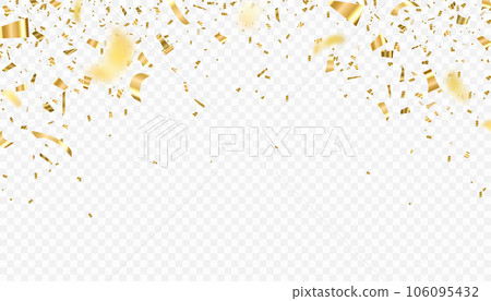 Gold confetti vector background. Falling bright golden festive tinsel. Holiday, festival decoration, flying shiny particles. Birthday celebration, greeting illustration. Place text below. Copy space 106095432