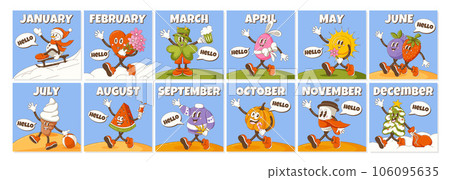 Hello every month. Retro groovy characters, symbol months of year and holidays. Cartoon vector collection. Square seasonal background, for social media, poster, banner 106095635
