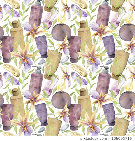 Hand drawn watercolor spa skincare bath beauty bottle and candles products package. Seamless pattern isolated on white background. For wall art, wellness resort, print, fabric, cover, card, booklet. 106095716