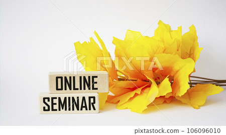 On a white background, wooden blocks with the text ONLINE SEMINAR near a yellow branch On a white background, wooden blocks with the text ONLINE SEMINAR near a yellow branch 106096010