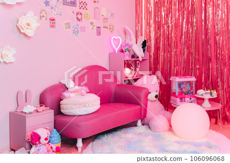 Cute pink room full of stuffed animals and toys 106096068