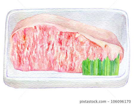 Watercolor illustration, hand-painted marbled wagyu beef in a pack Watercolor illustration, hand-painted marbled wagyu beef in a pack 106096170