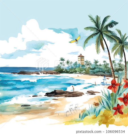 Beautiful watercolor landscape with green scenic view bali watercolor. 106096534