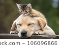 Unlikely animal friends a cat perched on a dog's head, sharing a heartwarming bond. 106096866