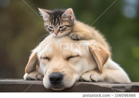 Unlikely animal friends a cat perched on a dog's head, sharing a heartwarming bond. Unlikely animal friends a cat perched on a dog's head, sharing a heartwarming bond. 106096866