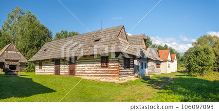 log cabin - village with traditional wooden house at Museum of the Slovak Village, Martin, Slovakia log cabin - village with traditional wooden house at Museum of the Slovak Village, Martin, Slovakia 106097093