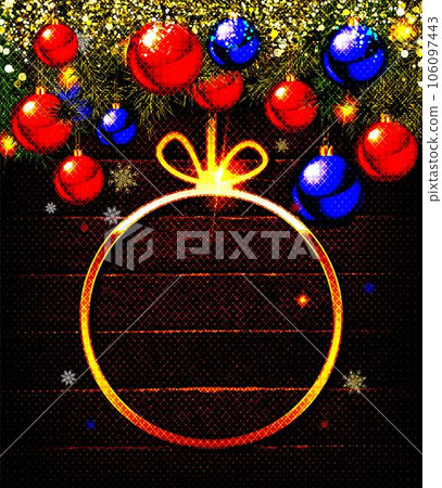 Red Christmas balls on branches of a Christmas tree Red Christmas balls on branches of a Christmas tree 106097443