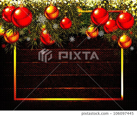 Red Christmas balls on branches of a Christmas tree Red Christmas balls on branches of a Christmas tree 106097445