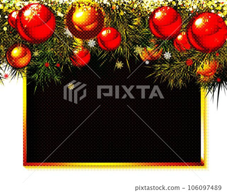 Red Christmas balls on branches of a Christmas tree Red Christmas balls on branches of a Christmas tree 106097489