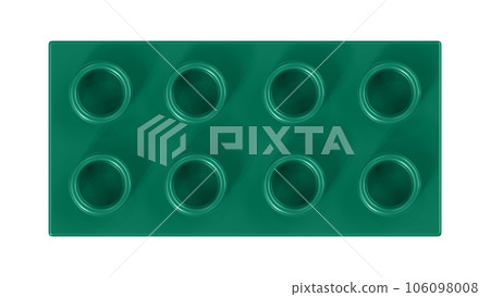 Bottle Green Lego Block Isolated on a White Background. Close Up View of a Plastic Children Game Brick for Constructors, Top View. High Quality 3D Rendering with a Work Path. 8K Ultra HD, 7680x4320 106098008