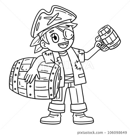 Pirate with Barrel of Rum Isolated Coloring Page 106098649