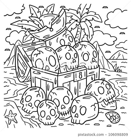 Pirate Chest with Skulls Coloring Page for Kids 106098809