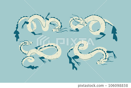 Set of four decorative dragons. Asian dragon or serpent, symbol of Chinese 2024. Vector isolated illustration. 106098838