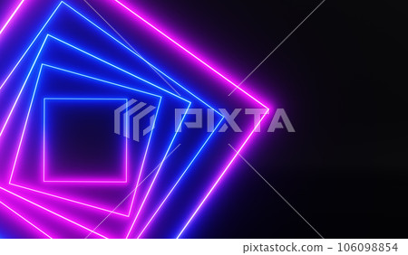 Abstract neon light background with rotation square frames in perspective and empty space, 3d render banner. Futuristic portal of glow led lines with spinning effect on black backdrop. 3D illustration 106098854