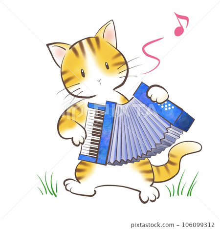 Illustration of a cat happily playing the accordion 106099312