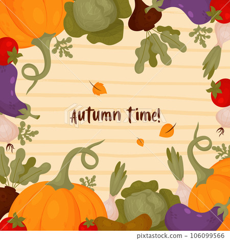 Autumn time. Square card with vegetables pumpkin, tomatoes, cabbage, carrots, eggplant and onions on yellow striped background. Vector illustration. Poster template in cartoon style for design Autumn time. Square card with vegetables pumpkin, tomatoes, cabbage, carrots, eggplant and onions on yellow striped background. Vector illustration. Poster template in cartoon style for design 106099566