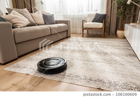 Cleaning with a small vacuum cleaner in a new living room in light beige and gray tones 106100609