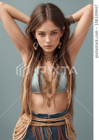 舉起雙臂的民族時尚美女 舉起雙臂的民族時尚美女 106100647